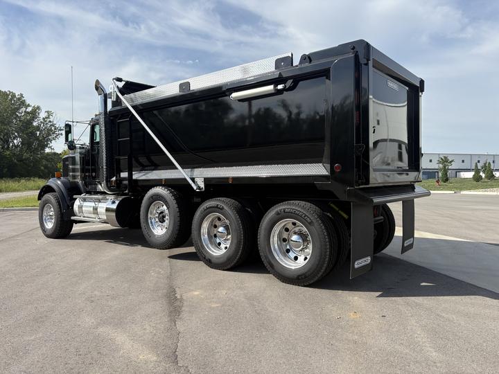 2027 Kenworth W900 Tri-Axle Dump Truck, blackout, rear 3/4